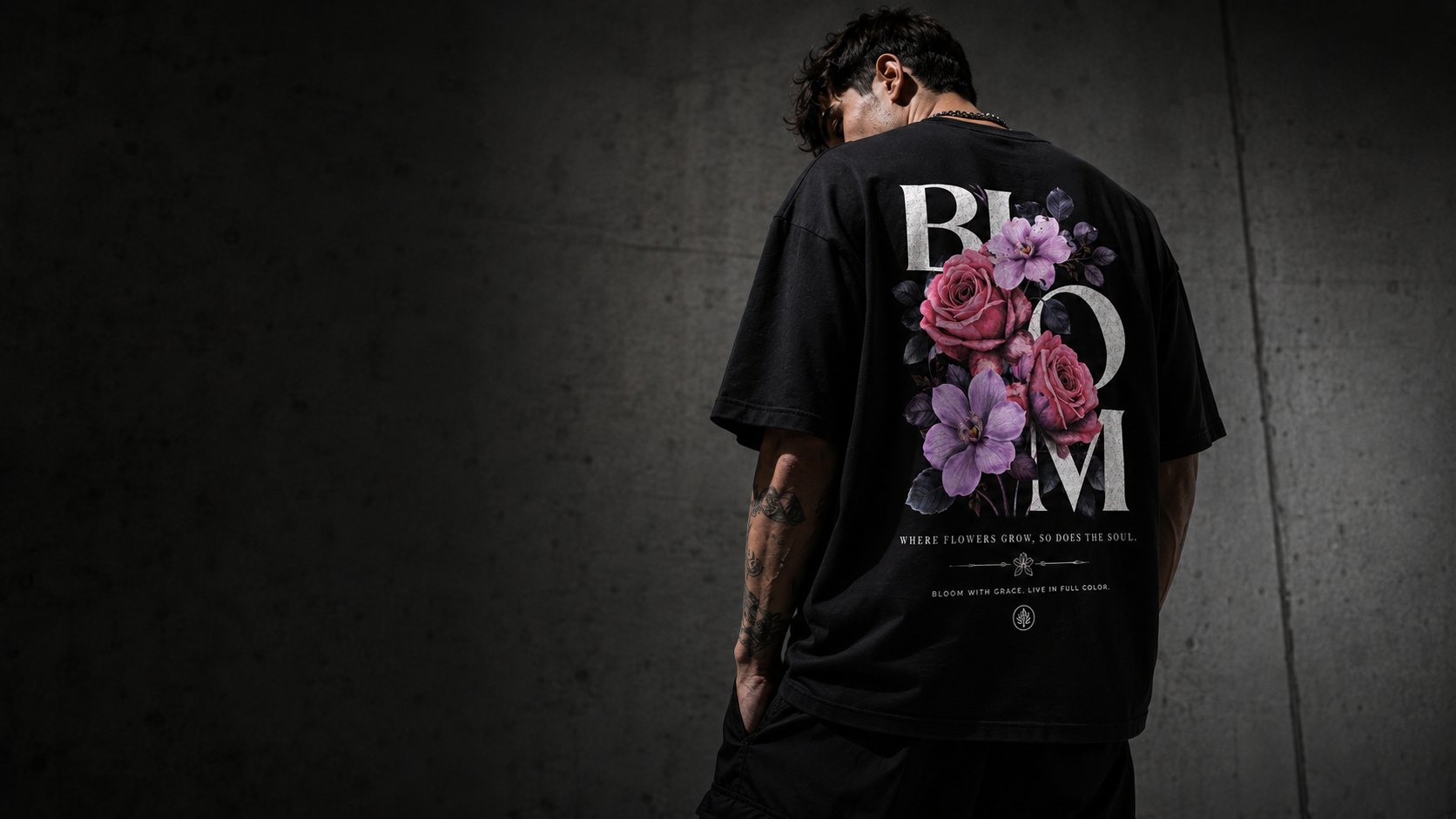 דוגמן לובש חולצת OBSIZE oversized שחורה עם הדפס פרחי BLOOM, צילום גב על רקע קיר כהה