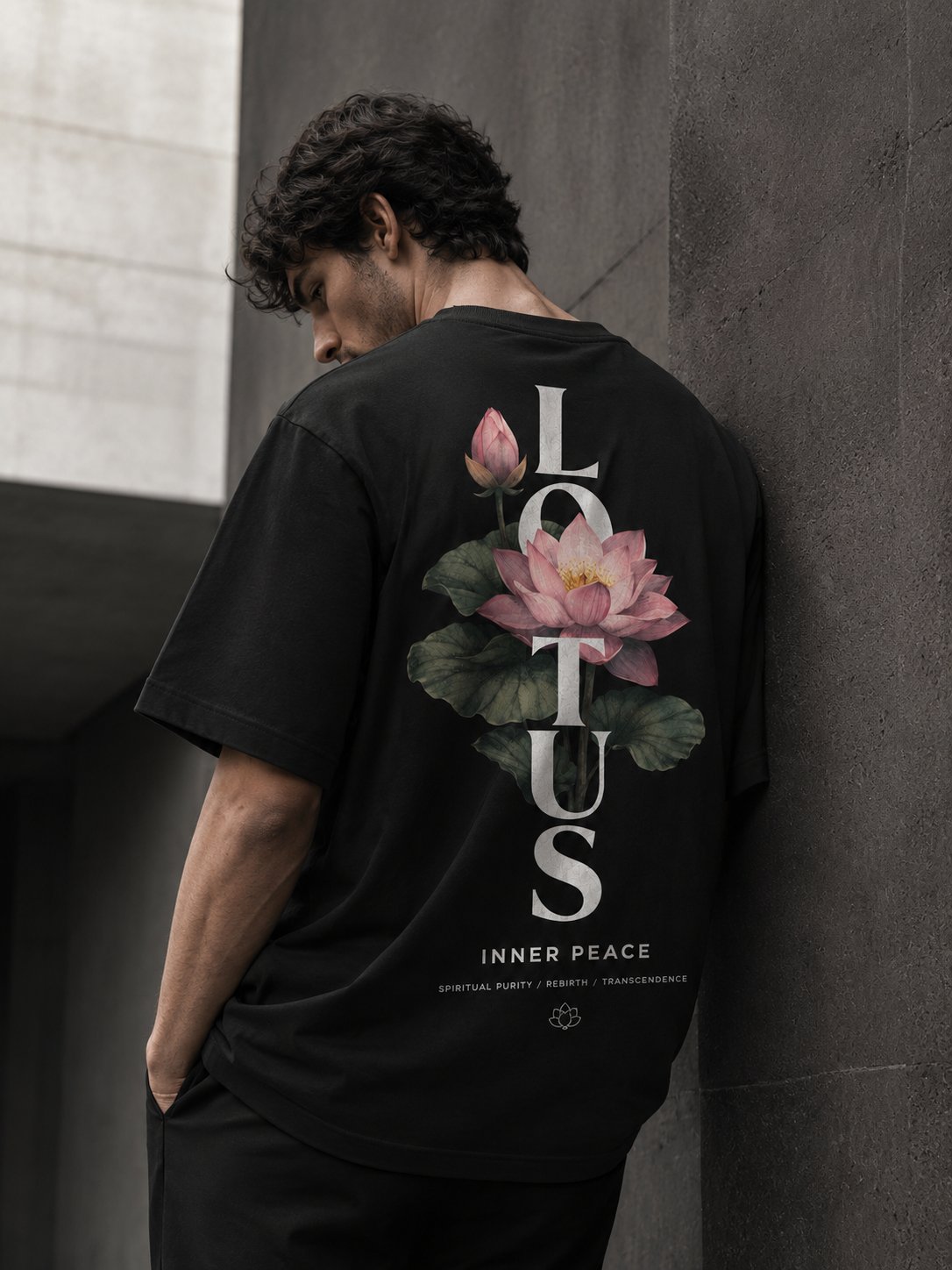 דוגמן לובש חולצת OBSIZE LOTUS oversized שחורה, נשען על עמוד בטון, צילום גב