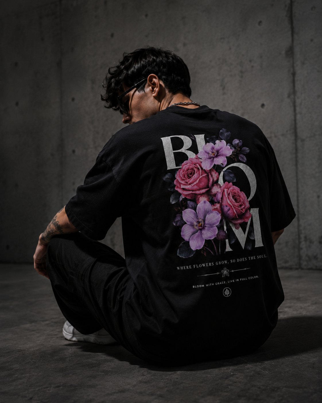 דוגמן כורע לובש חולצת OBSIZE BLOOM oversized שחורה, צילום גב המציג את הדפס הפרחים